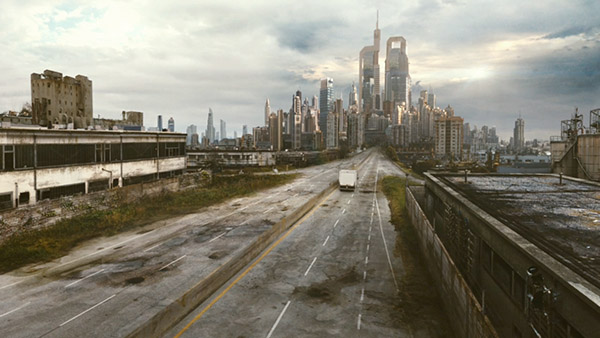 matte painting of high way into city.