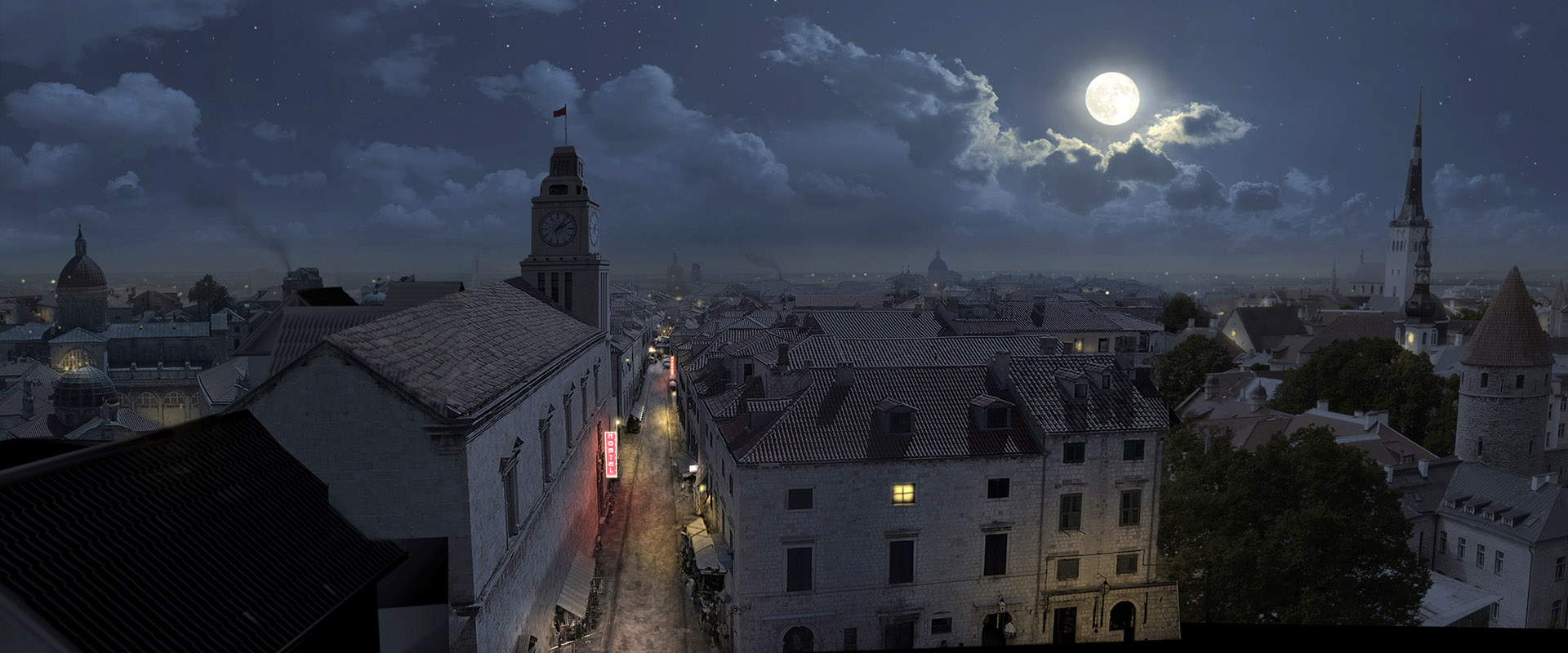 VFX environment of an old town in moon light.